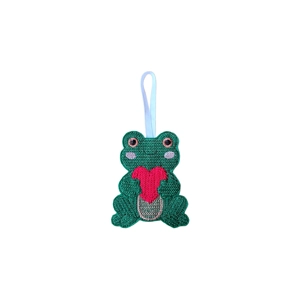 A felt frog decoration with a knit stitch–style embroidered design, holding a heart, with a hanging loop.