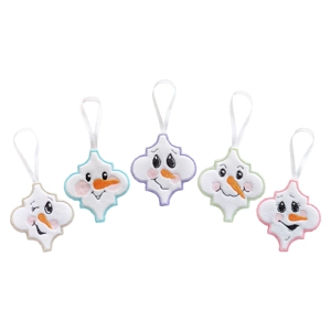 A collection of five white felt snowman Christmas decorations with unique stitched facial expressions and pastel embroidered borders, each finished with a white ribbon hanging loop.