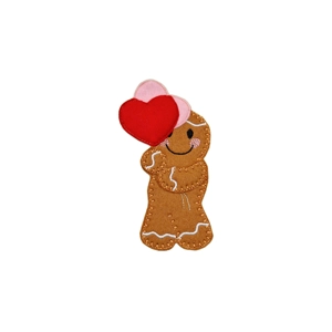 A handmade felt gingerbread character holding a bunch of two heart-shaped balloons in different colours. The gingerbread has embroidered icing-style details and a cheerful smile.