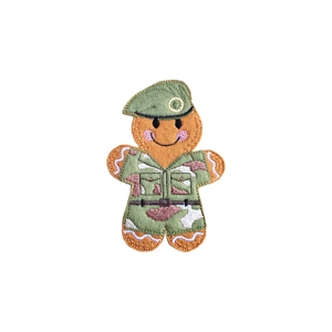 Gingerbread Camouflage Soldier Character made from felt, featuring an embroidered camouflage uniform and matching beret with a smiling face design.