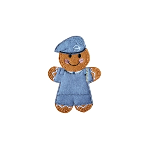 Gingerbread RAF Air Cadet Character made from soft felt, featuring a smiling face, uniform, and matching beret with an embroidered badge, inspired by the Royal Air Force Air Cadets.