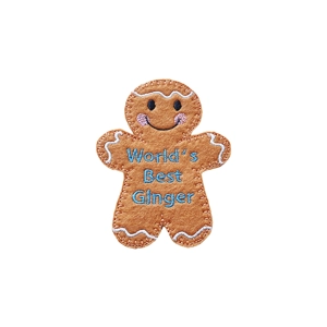 Gingerbread ‘World’s Best Ginger’ Character – a smiling felt gingerbread figure with white icing details and teal embroidered text reading ‘World’s Best Ginger’.