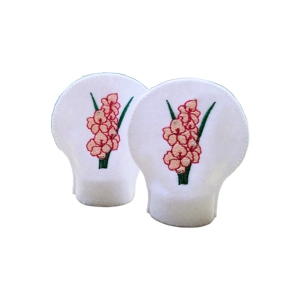 Pair of embroidered Gladiolus flower tealight covers made from white felt, designed to slip over standard flameless LED tealights.