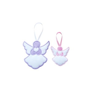 Two embroidered felt guardian angel hanging decorations with heart motifs, one with purple stitching and white ribbon, the other with pink stitching and pink ribbon, displayed on a white background.