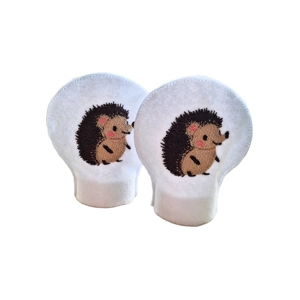 A set of two white felt tealight covers, each embroidered with a cute brown hedgehog featuring pink cheeks, designed to fit over LED tealights.