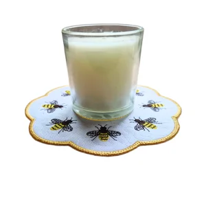Embroidered Honey Bee candle mat with honeycomb detail and scalloped edge, perfect for candles, small jars and country home decor.