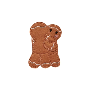 A felt gingerbread couple hugging, with stitched icing details and smiling faces.