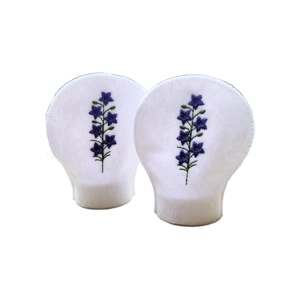 A pair of white felt LED tealight covers with embroidered purple larkspur flowers and green stems, shown side by side.