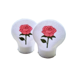 Pair of white felt LED tealight covers embroidered with pink rose blooms and green leaves, shown side by side.