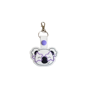An embroidered koala keyring with a smiling koala face wearing purple star-shaped glasses, finished with a silver keyring and lobster clasp.