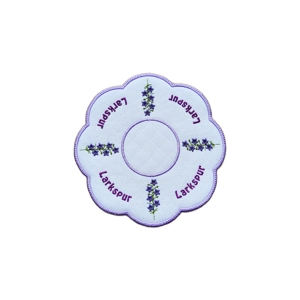 Embroidered Larkspur Flower Table Mat in scalloped shape, July birth flower design, waterproof fabric with felt backing, ideal gift for birthdays, candles, vases, or home décor.