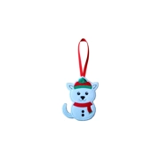 A handmade felt Christmas ornament shaped like a white cat dressed as a snowman, with a red and green hat, red scarf, and black button details, hanging from a red ribbon.