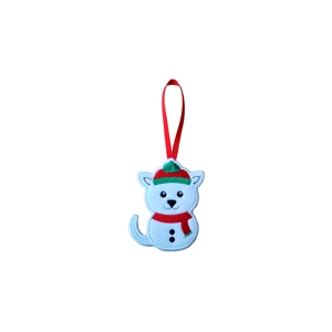 A handmade felt Christmas ornament shaped like a white cat dressed as a snowman, with a red and green hat, red scarf, and black button details, hanging from a red ribbon.