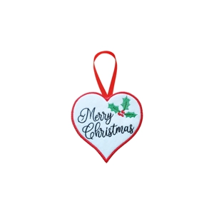 A felt heart Christmas hanger with a white centre and red embroidered border, featuring holly leaves and berries and elegant script reading “Merry Christmas”, finished with a red ribbon loop for hanging.