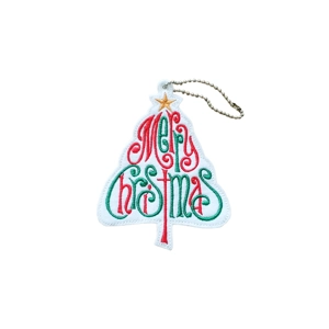 Merry Christmas Word Tree Ornament made from soft white felt, embroidered with the words 'Merry Christmas' shaped into a Christmas tree design. Finished with a silver-tone hanging chain and customisable text colours to match your festive décor.