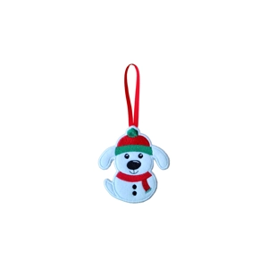 A felt snow dog Christmas ornament with a stitched smiling face, floppy ears, wearing a red hat with green trim and a matching red scarf, finished with black button details and hanging from a red ribbon loop.