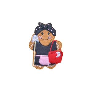 Mrs Mop gingerbread cleaning lady character holding a mop and a red bucket, wearing a dark outfit with a pink apron and a spotted headscarf, smiling cheerfully.