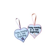Two embroidered felt heart decorations with the quote “Every morning is a new beginning.” One has lilac tones with a purple flower and ribbon, while the other has pink stitching, a light pink flower, and a pale pink ribbon. Both are heart-shaped and designed to hang as inspirational home decor.