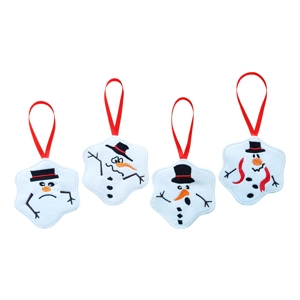 Four felt melted snowman Christmas tree decorations with quirky expressions, crooked top hats, and stick arms, each hanging from a red ribbon loop.