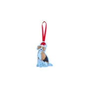 A felt Beagle Christmas decoration, machine embroidered in soft brown, white, and black tones, wearing a red Santa hat and hanging from a red ribbon loop.