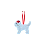 A felt Cockapoo Christmas decoration with a fluffy stitched coat, wearing a red Santa hat and hanging from a red ribbon loop.