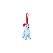 A felt Jack Russell Christmas decoration, wearing a red Santa hat and hanging from a red ribbon loop.