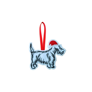 A felt Scottie dog Christmas decoration wearing a red Santa hat and hanging from a red ribbon loop.
