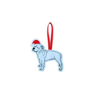 A felt Staffordshire Terrier Christmas decoration wearing a red Santa hat and hanging from a red ribbon loop.