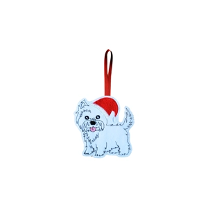 A felt Westie Christmas decoration wearing a red Santa hat and hanging from a red ribbon loop.