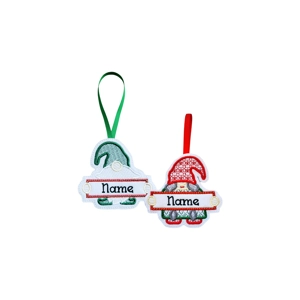 Personalised Festive Gnome Christmas Ornament made from soft felt, featuring an embroidered gnome holding a banner with a custom name. Available as male or female designs, each with festive red and green details and a coordinating hanging ribbon.