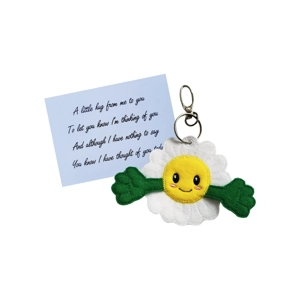 Pick-me-up daisy pocket hug keyring with a smiling yellow daisy face, white petals and green arms, shown with a keepsake card reading a short comforting poem and a silver keyring clip attached.
