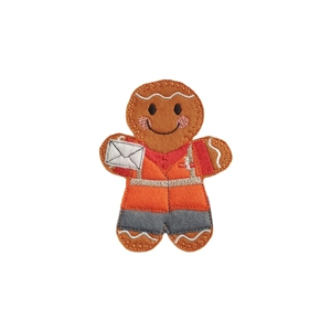 Handmade felt postal gingerbread character dressed in a red top, orange hi-vis jacket,  and grey trousers, holding a stitched white envelope, with embroidered details and a smiling face.