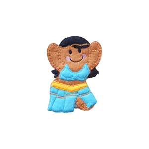 A felt gingerbread belly dancer character wearing a turquoise and gold outfit with raised arms and a smiling expression, standing upright.
