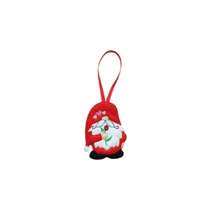 Felt gnome hanging decoration featuring a red hat, white beard, black shoes, and holding a red rose with pink embroidered hearts on its hat. Attached with a red hanging ribbon.