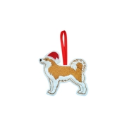 Embroidered felt Akita dog Christmas ornament wearing a red Santa hat with a red hanging ribbon, called the Santa Paws Akita Christmas Ornament.