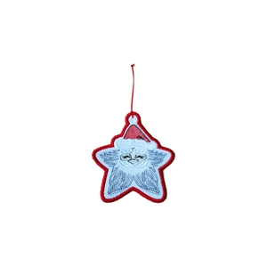 A felt star-shaped Christmas decoration with a smiling Santa face, stitched details, and a red hanging loop, designed as a soft festive keepsake ornament.