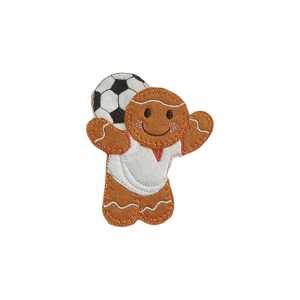 A smiling gingerbread football character balancing a black and white football behind their head, wearing a white football shirt with red stitched details.