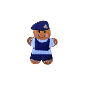 Felt gingerbread Royal Navy submariner character with stitched facial details, wearing a navy submariner uniform and beret with embroidered insignia.