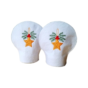 A pair of white felt Star of Christmas tealight covers, each embroidered with a single golden star and red stitching at the top, shown side by side.