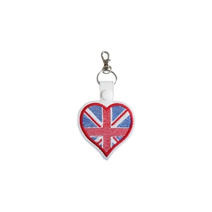 Heart-shaped keyring featuring the Union Jack design in red, white, and blue, made from faux leather and machine embroidered, with a metal keyring and clasp.