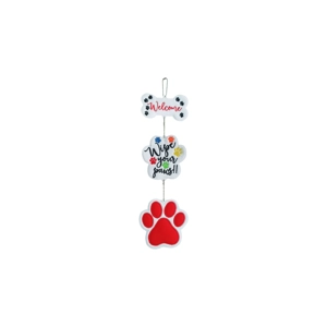 Welcome Wipe Your Paws Hanging Decoration – a handmade felt welcome sign featuring a white bone with “Welcome”, a colourful paw-shaped panel reading “Wipe your paws!!”, and a red pawprint base, all connected by a hanging chain.