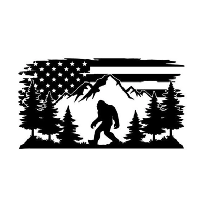 Bigfoot Sasquatch patriotic usa flag mountains die cut vinyl decal sticker