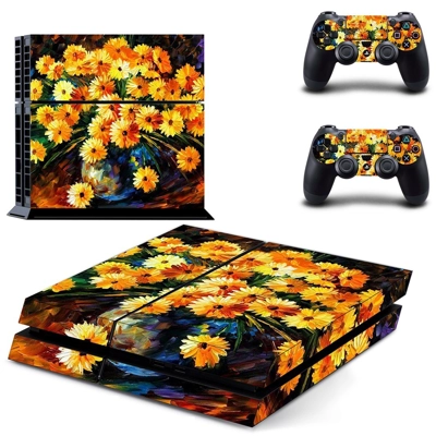 Yellow flowers oil painting skin sticker for playstation 4 console and two controllers