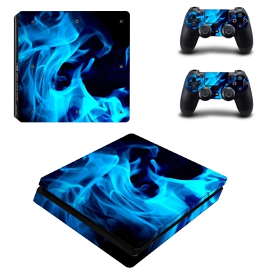 Blue fires decal skin for PS4 Slim Console and two control.. Blue fires decal skin for PS4 Slim Console and two control..
