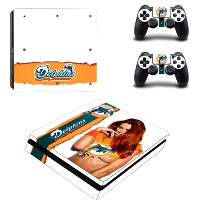 Miami Dolphins decal skin for PS4 Slim Console and two con.. Miami Dolphins decal skin for PS4 Slim Console and two con..