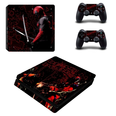 Deadpool decal skin for PS4 Slim Console and two controllers