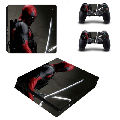 Deadpool decal skin for PS4 Slim Console and two controllers