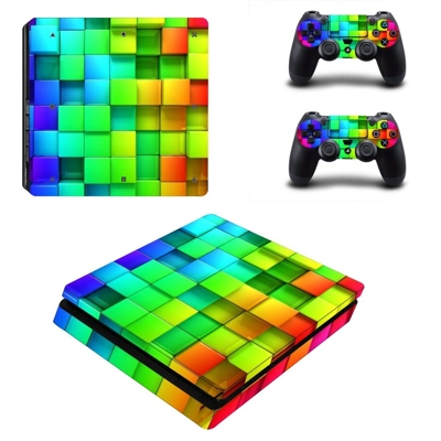 Square color block decal skin for PS4 Slim Console and two controllers