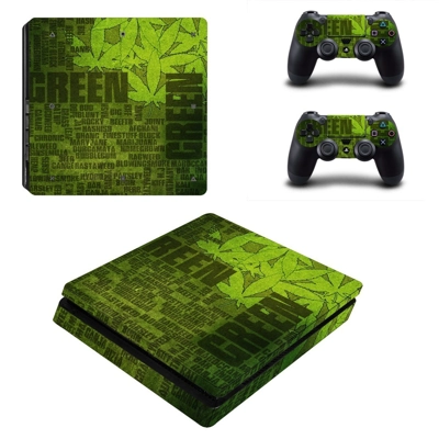 Green weed decal skin for PS4 Slim Console and two control..