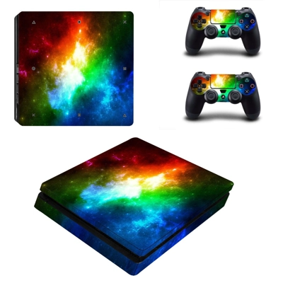 Colored Galaxy decal skin for PS4 Slim Console and two con..